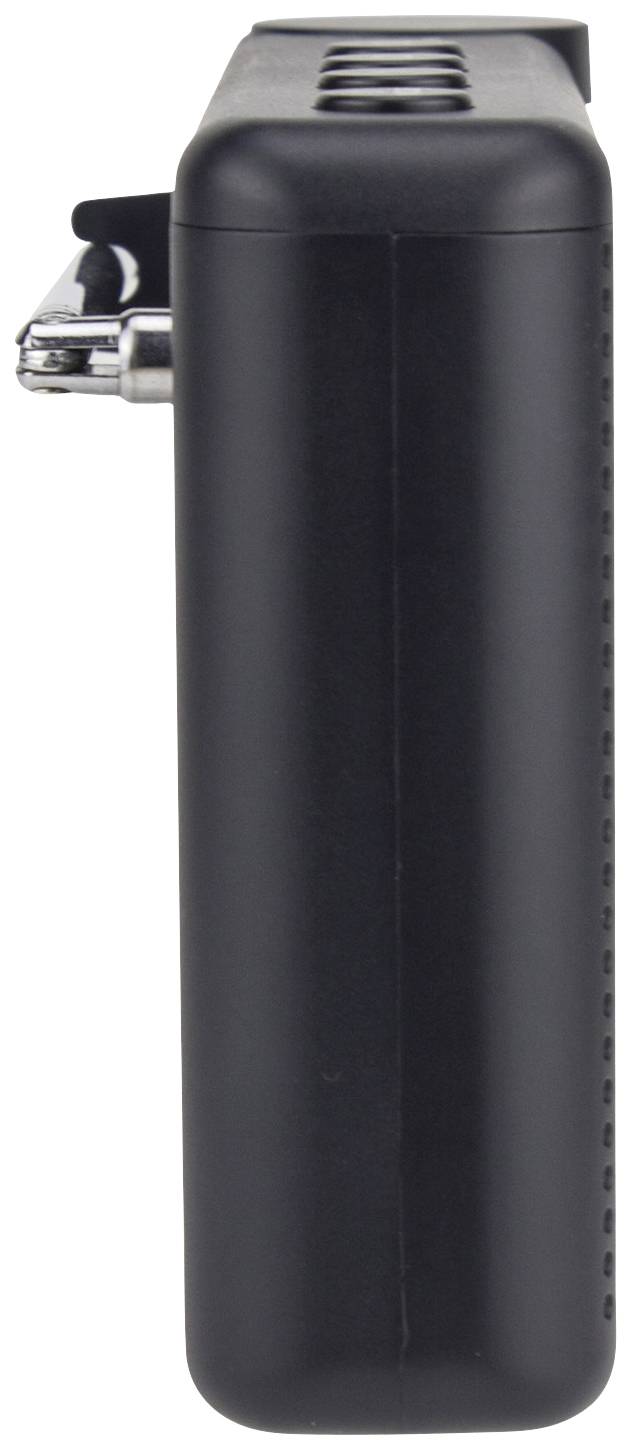 Czarny, prostokątny przyrząd sfotografowany z boku, z srebrnym przyciskiem w lewym górnym rogu.