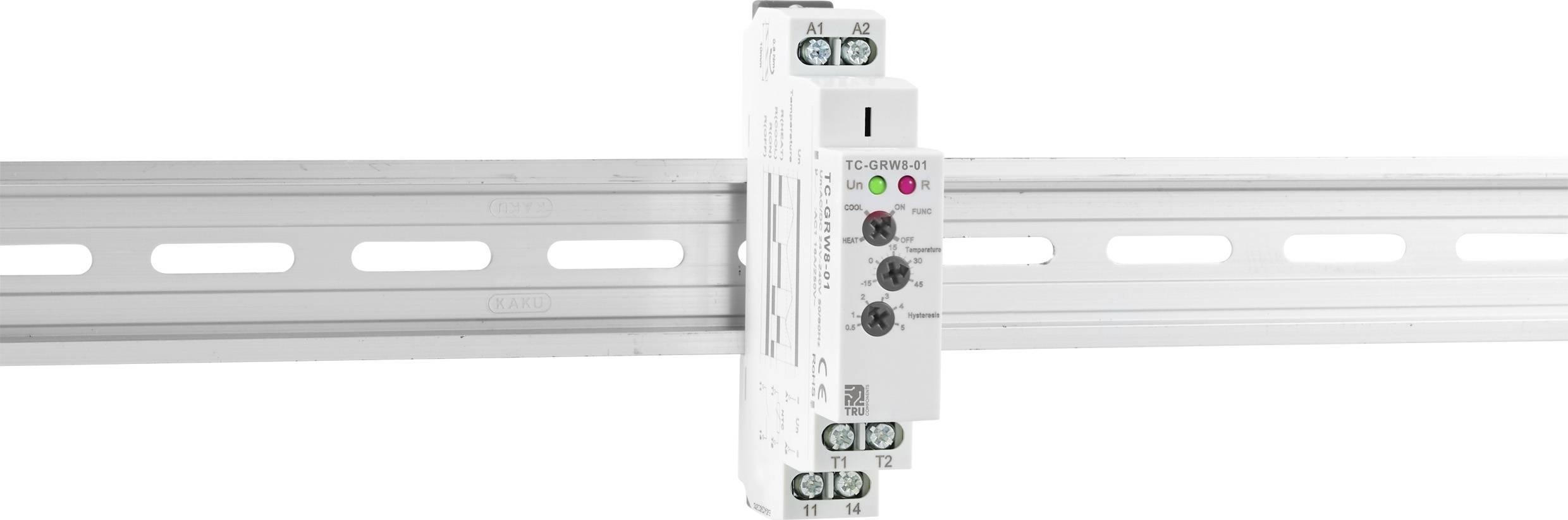 Białe urządzenie elektroniczne do montażu na szynie DIN, wyposażone w przyciski i kolorowe diody LED, służące do sterowania lub regulacji.