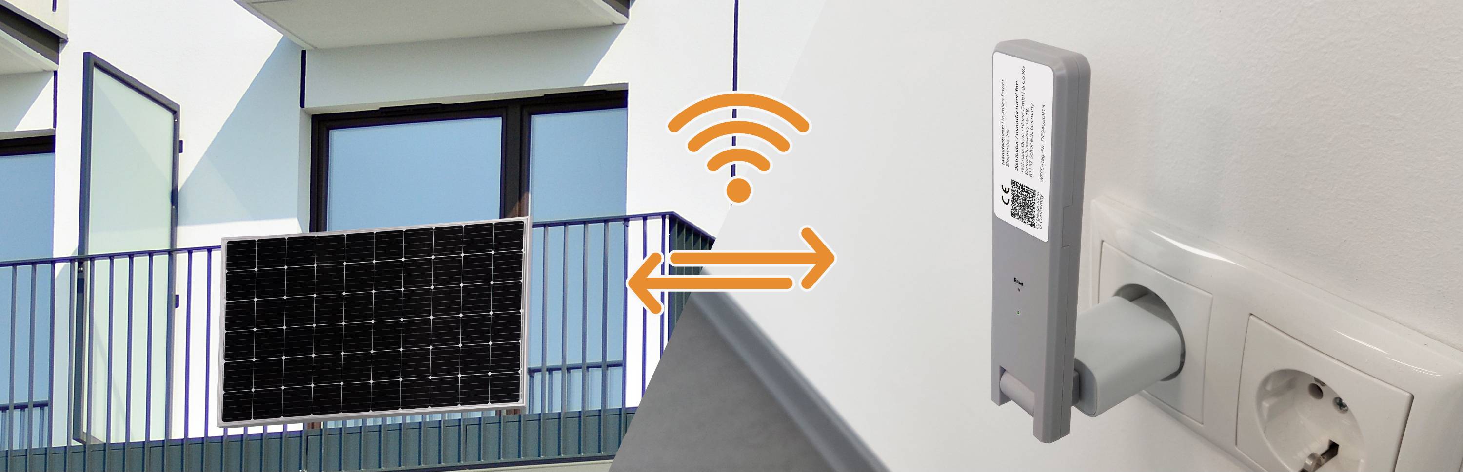 Panel słoneczny na balkonie jest podłączony do urządzenia Wi-Fi i gniazdka, co symbolizuje pomarańczowy symbol sieci bezprzewodowej.