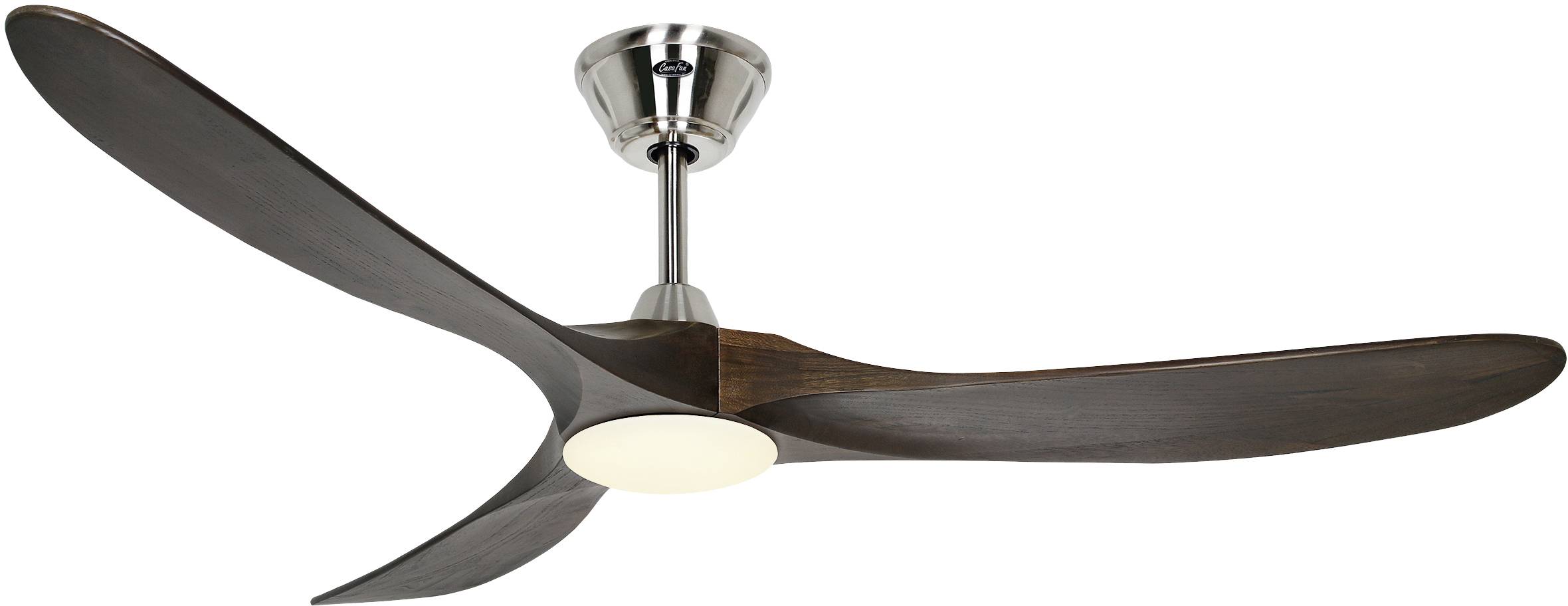 Nowoczesny wentylator sufitowy z trzema zakrzywionymi, ciemnymi drewnianymi łopatkami i centralnym źródłem światła.