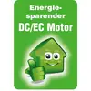 Energooszczędny silnik prądu stałego/elektrycznego (DC/EC) z zielonym motywem domowym i gestem kciuka do góry.