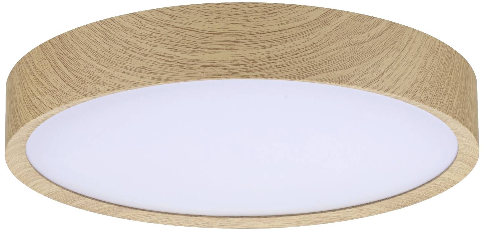 Okrągła lampa sufitowa z wykończeniem drewnopodobnym. Powierzchnia jest gładka i równomiernie świeci na biało. Idealna do nowoczesnych wnętrz.