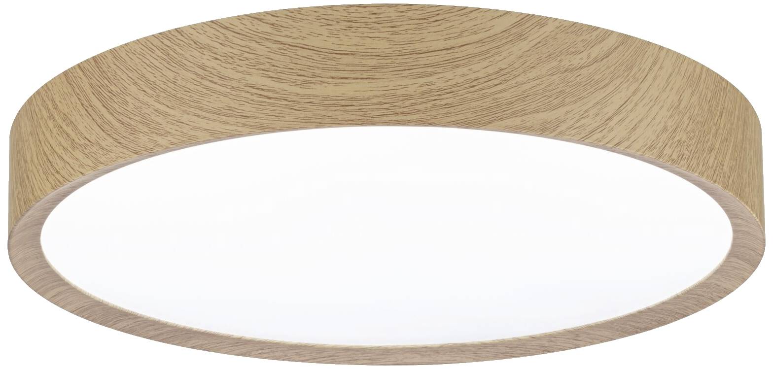 Okrągła lampa sufitowa z drewna z białym dyfuzorem. Minimalistyczny design, odpowiednia do salonu lub biura.