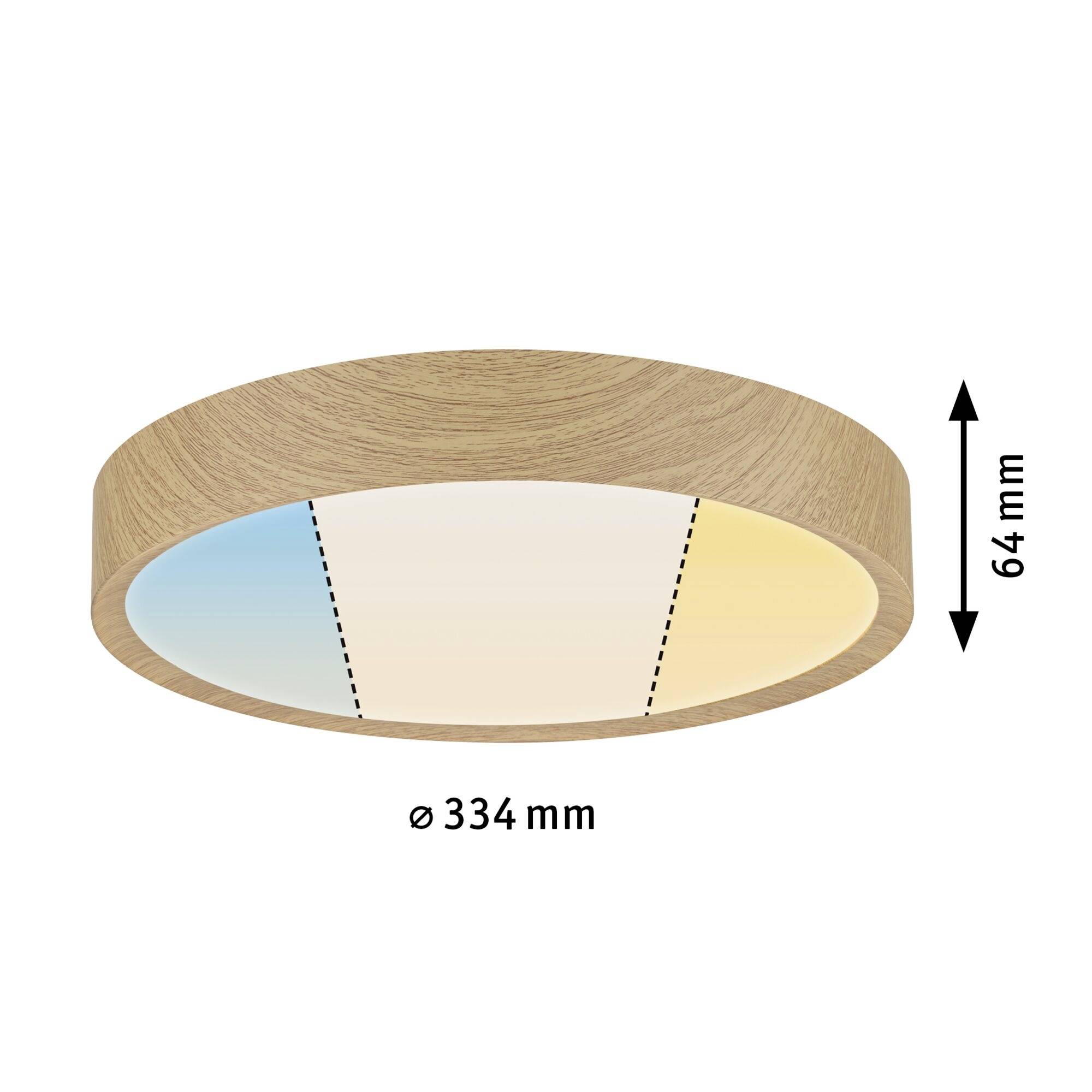 Okrągła lampa sufitowa z drewna z dwoma kolorami światła, niebieskim i pomarańczowym, o średnicy 334 mm, wysokości 64 mm.