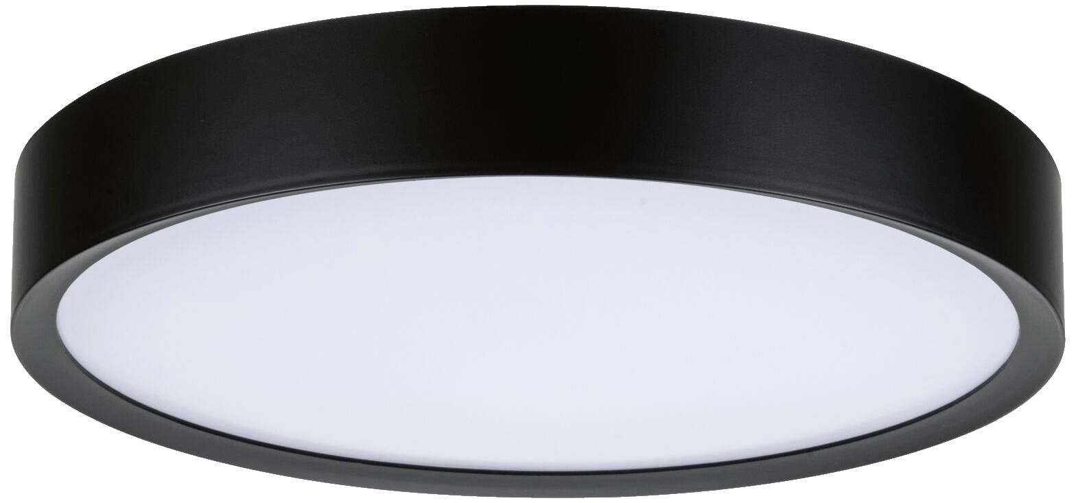 Okrągła, czarna lampa sufitowa z jasnym, równomiernym światłem, idealna do nowoczesnych wnętrz.