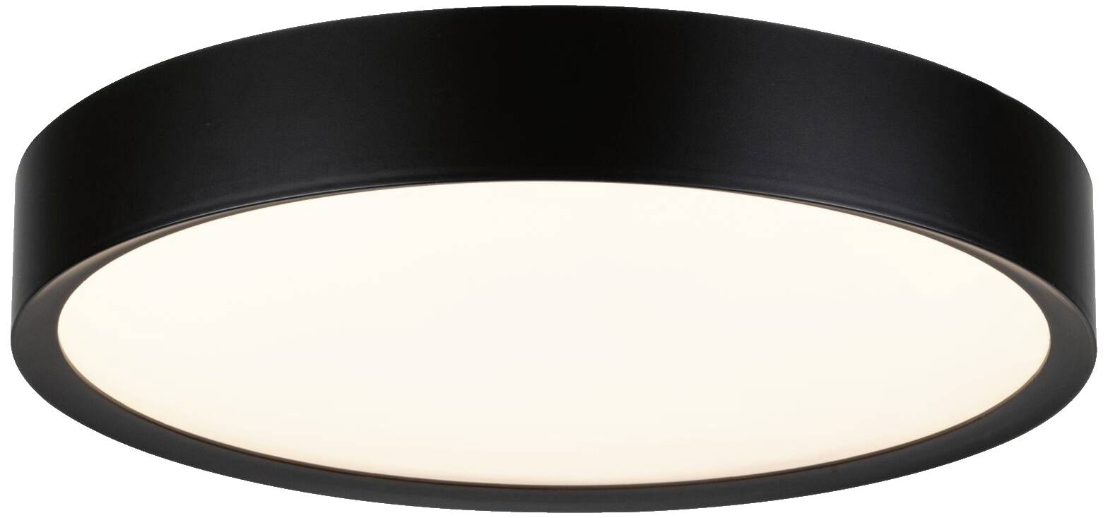 Czarna okrągła lampa sufitowa z białym rozpraszaczem, zapewniająca równomierne oświetlenie.
