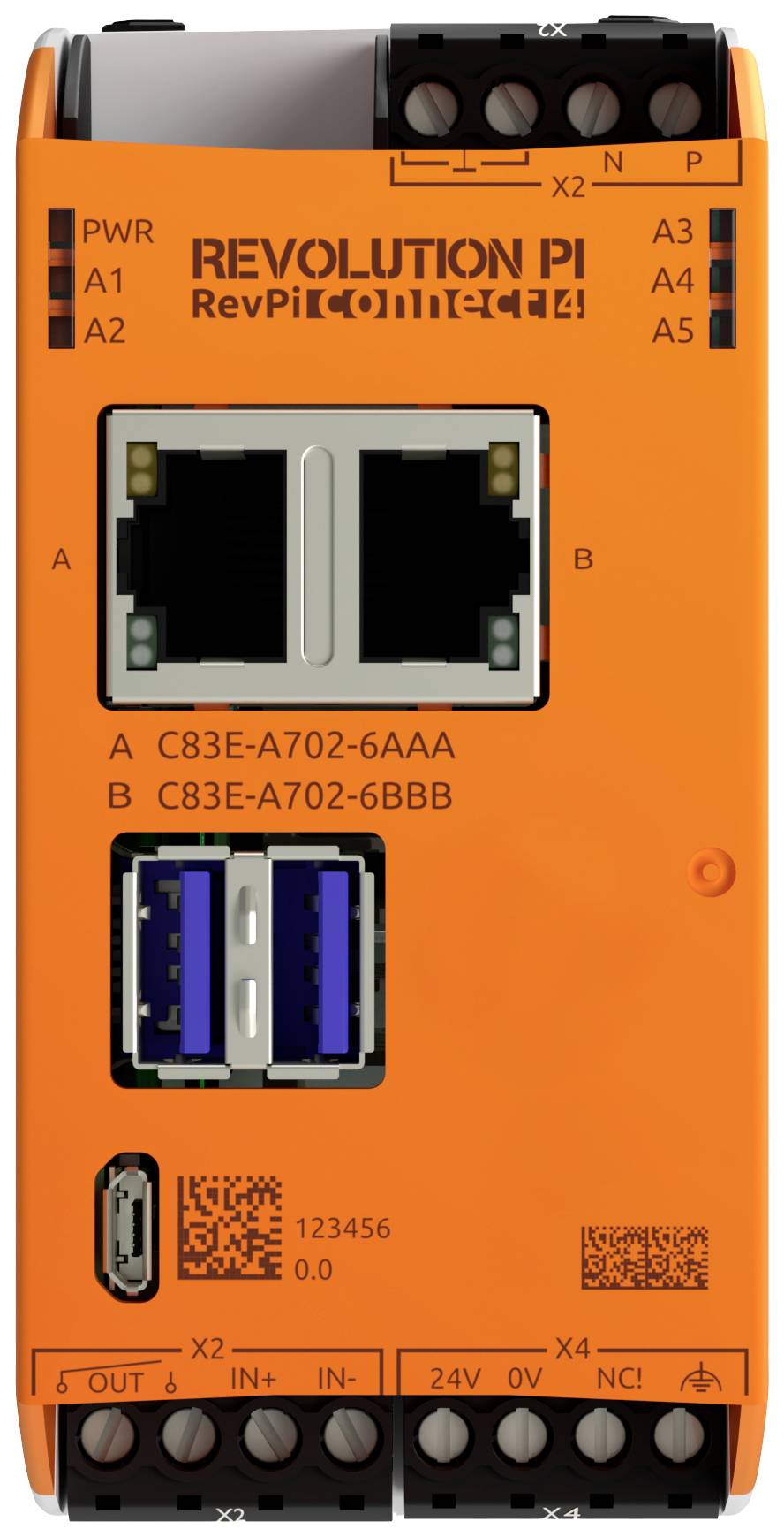 Pomarańczowe urządzenie z napisem 'Revolution Pi'. Na przedniej stronie widoczne są dwa porty Ethernet oraz kilka złączy.