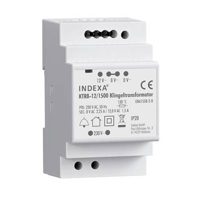 Biały transformator dzwonkowy marki 'Indexa', model KTR8-12/1500, do montażu ściennego, o napięciu 230 V AC i wyjściu 8-12 V AC.