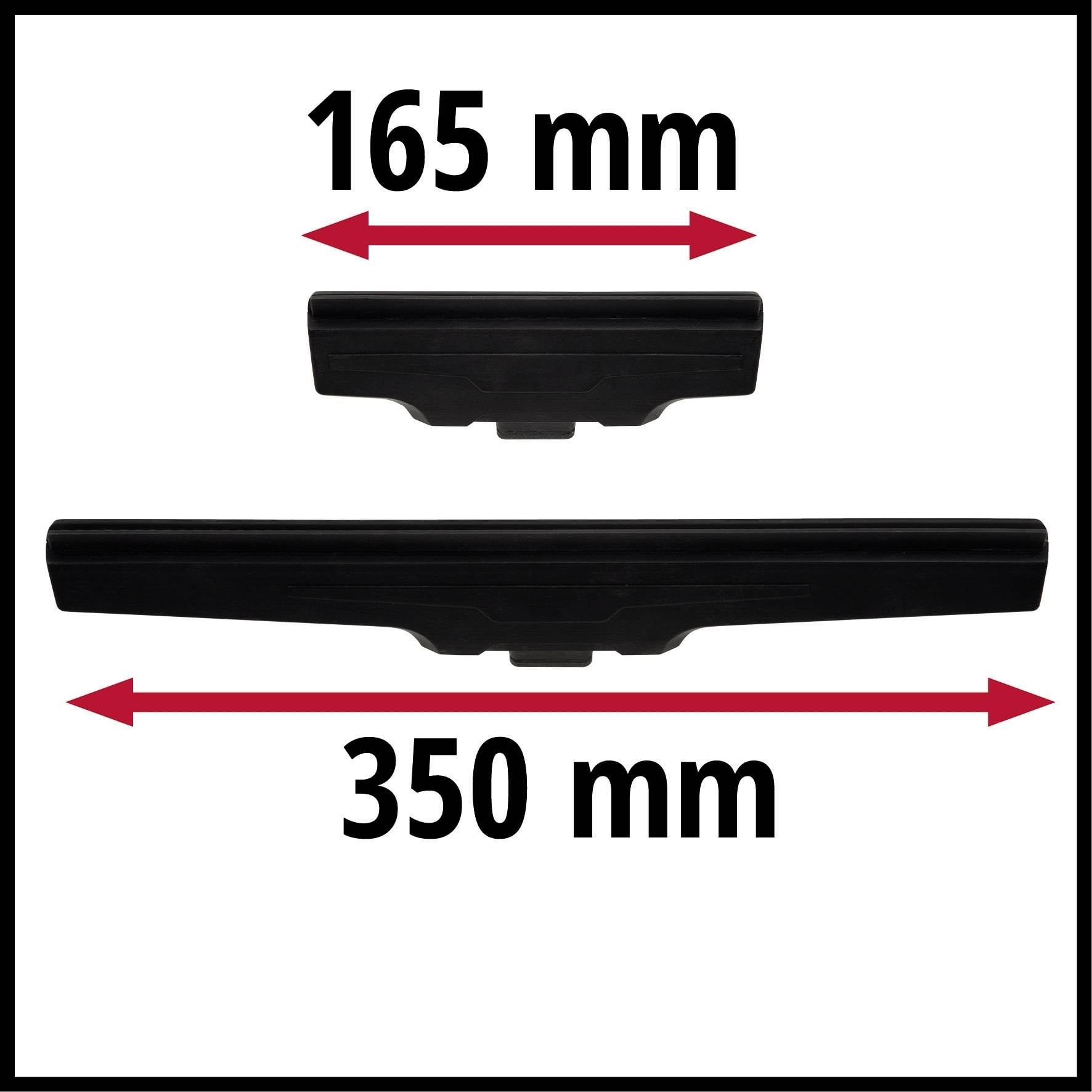 Dwa czarne prostokątne obiekty na białym tle. Obiekt górny: '165 mm', obiekt dolny: '350 mm'. Czerwone strzałki wskazują długości.