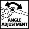 'Regulacja kąta' - Symbol: Czarna strzałka wskazuje ruch obrotowy dźwigni. Tekst poniżej opisuje funkcję dostosowania kąta.