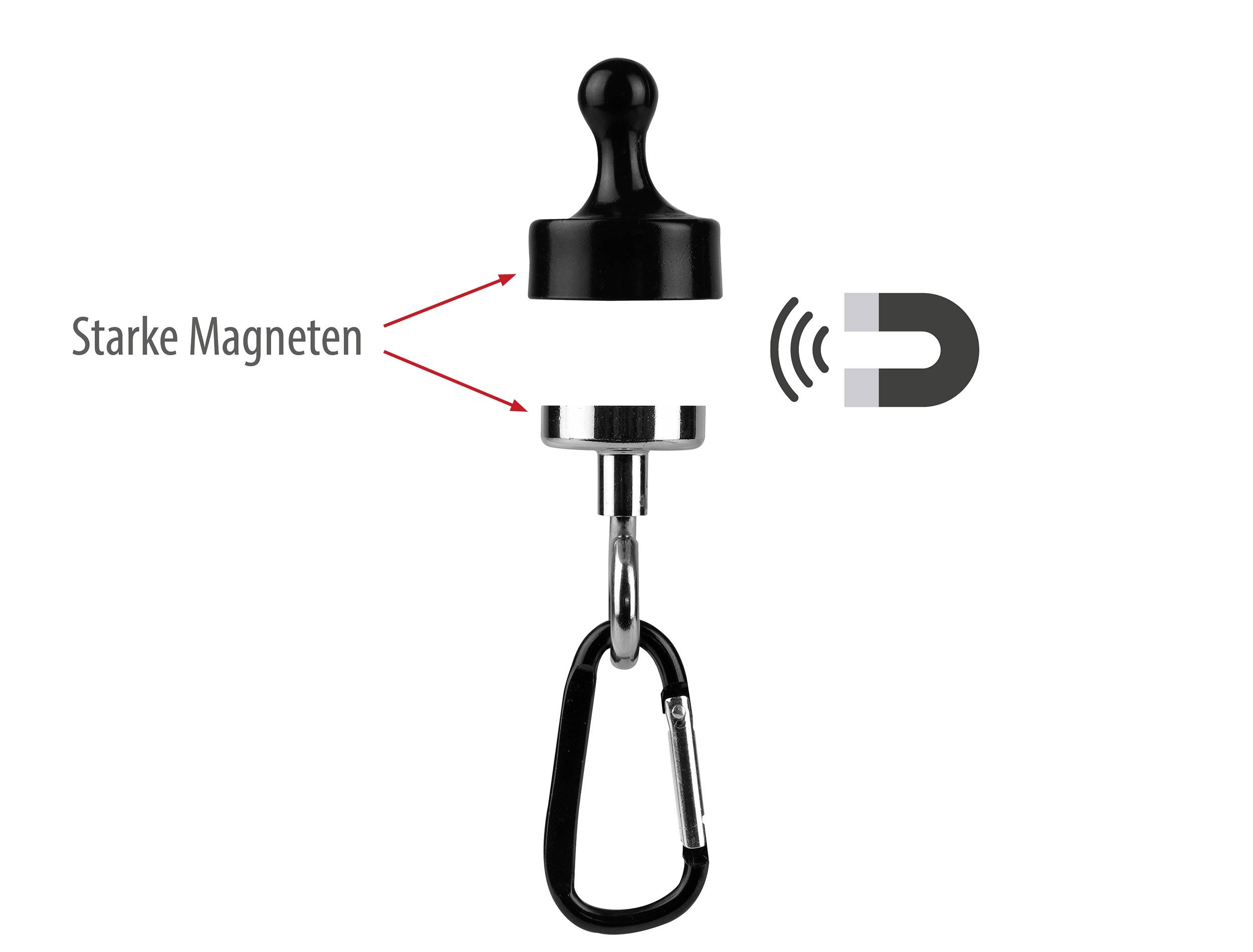 Okrągły, czarny hak z mocnym magnesem i zapinką karabińczykową do pewnego mocowania na powierzchniach metalowych.