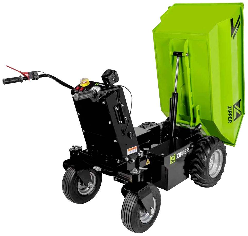 Elektryczny taczka z dużym zielonym wywrotnym kontenerem i czarnymi kołami, przeznaczona do transportu ciężkich ładunków na placach budowy.