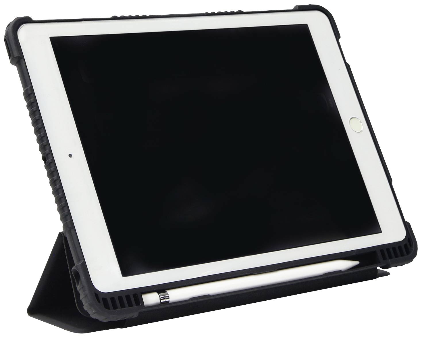 Tablet w czarnej obudowie, ustawiony pionowo na podstawce. Poniżej leży biały rysik.