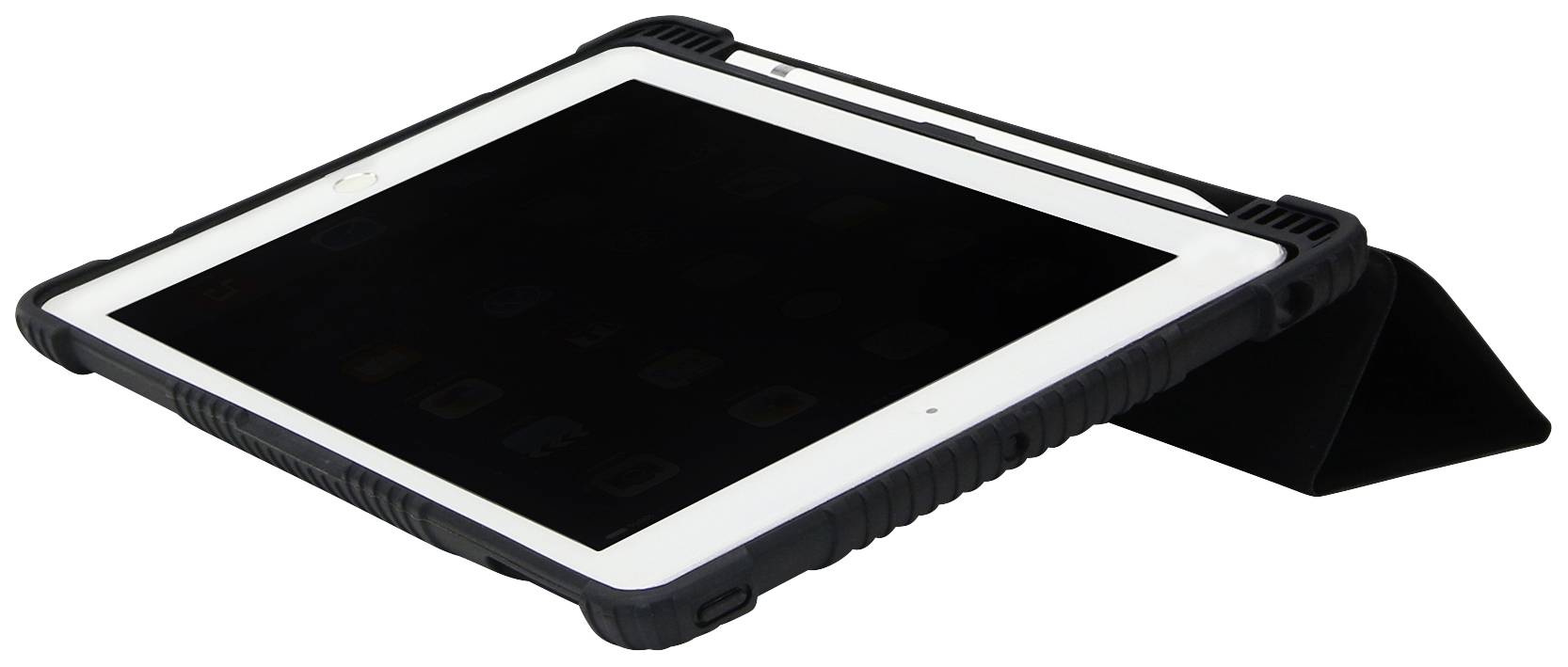 Tablet w czarnym, ochronnym etui spoczywa w stojaku.