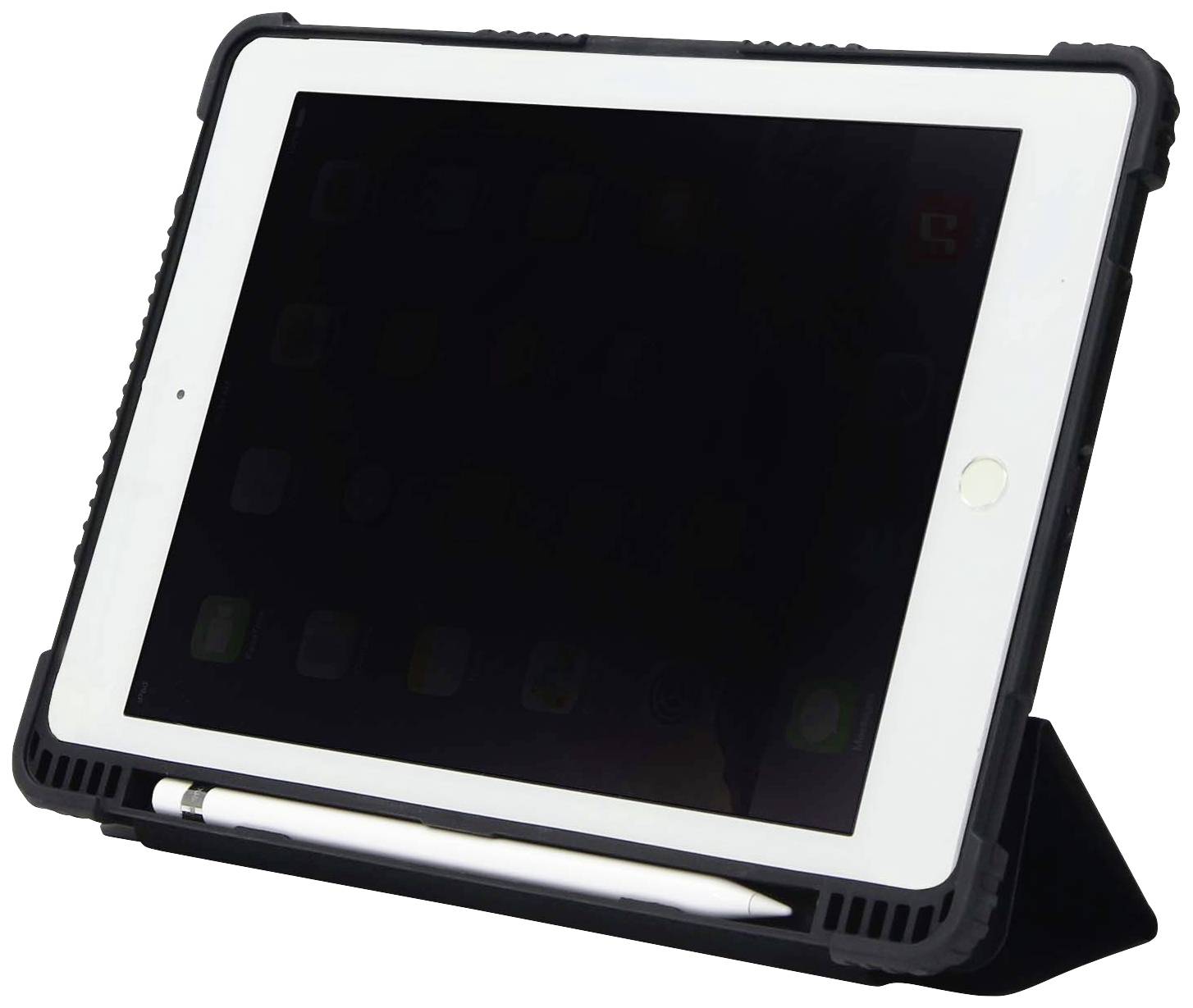 Tablet w czarnym etui stoi na podstawce. Poniżej leży biały rysik.