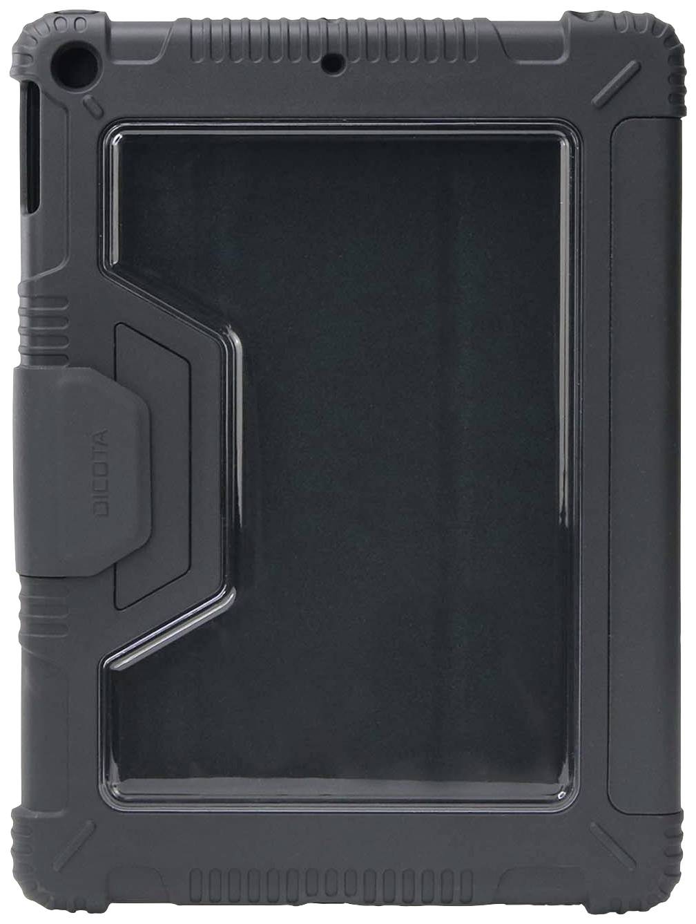 Solidny tablet z ochronną osłoną, która zapewnia wyraźny widok na ekran, oraz wzmocnionymi krawędziami dla dodatkowej ochrony.