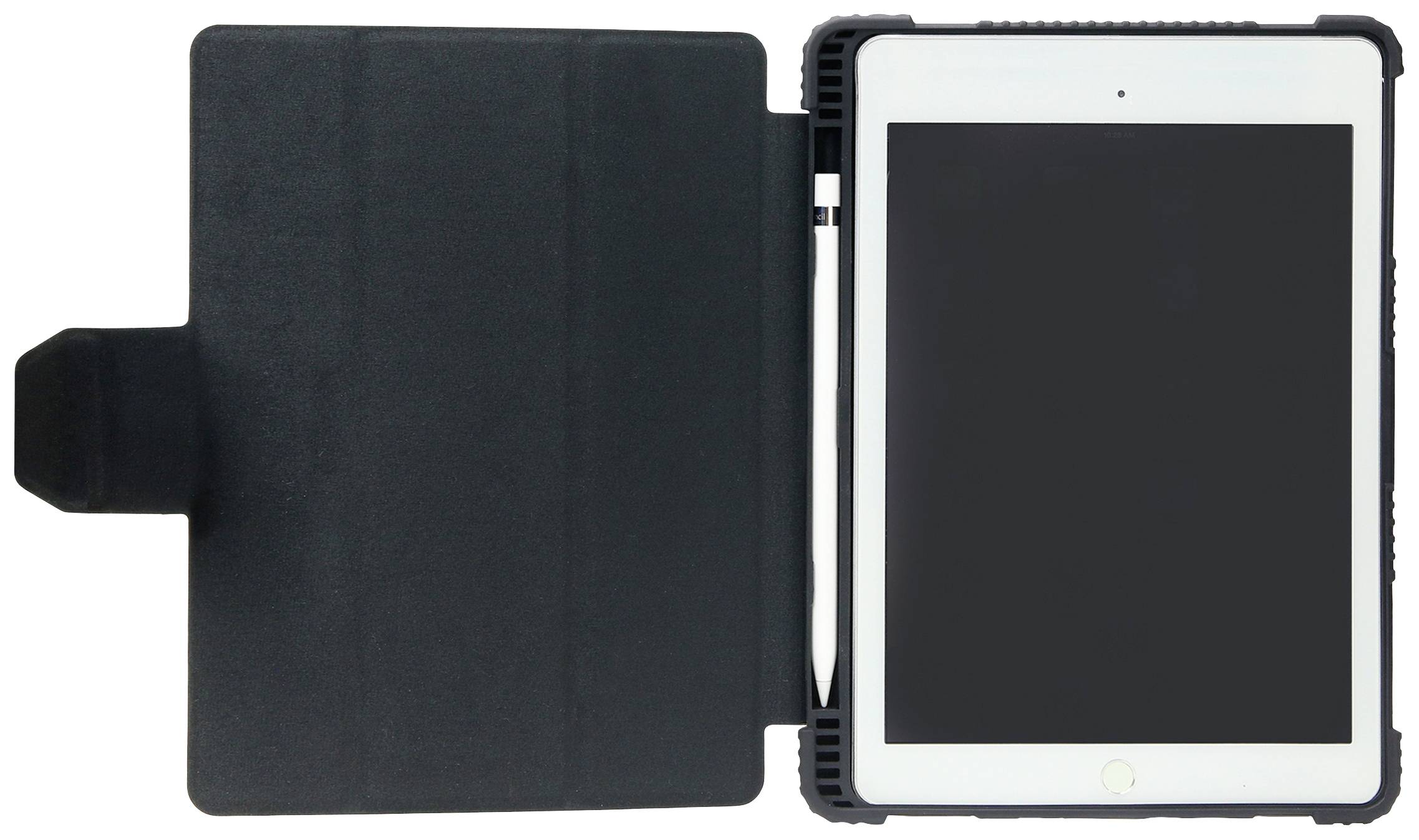 Tablet w czarnym etui ochronnym z uchwytem na rysik, otwarty.