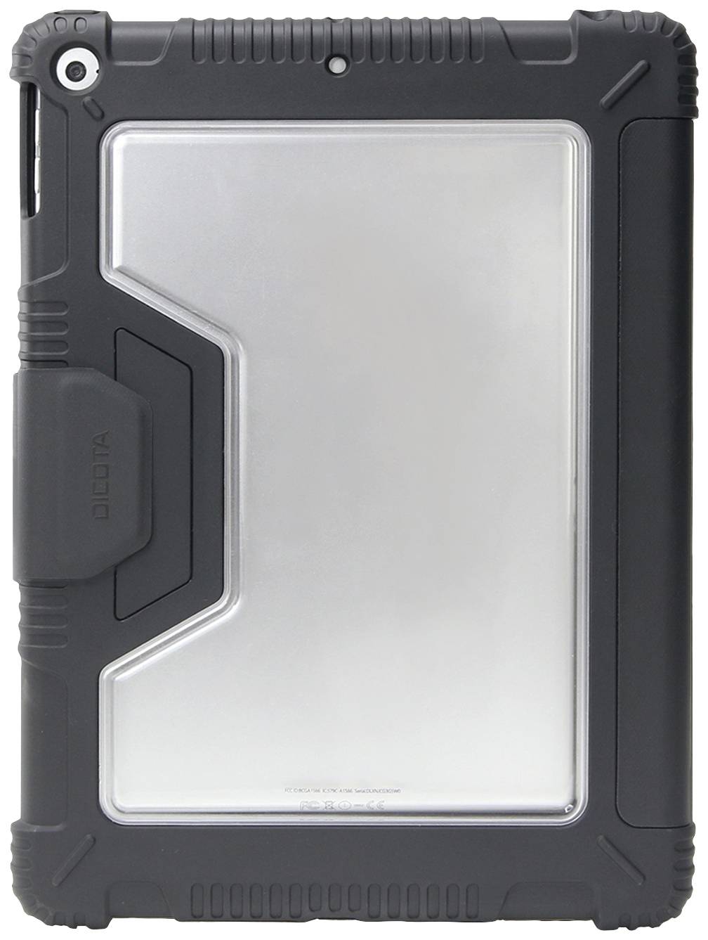 Wytrzymałe czarne etui na tablet z przezroczystym tyłem i wycięciem na kamerę.