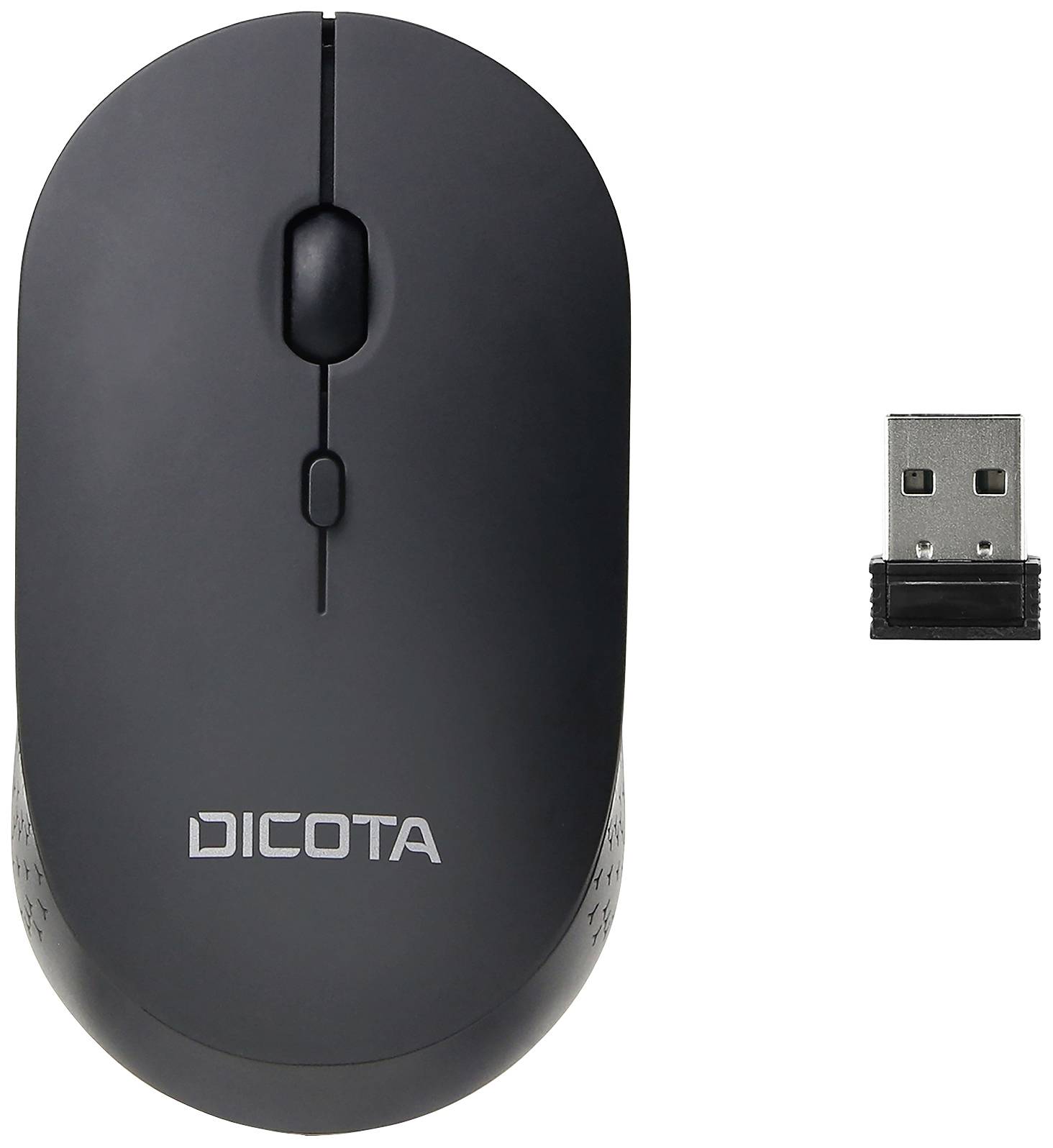 Mysz bezprzewodowa z odbiornikiem USB obok. Minimalistyczny design, czarny kolor, odpowiednia do komputerów i laptopów.