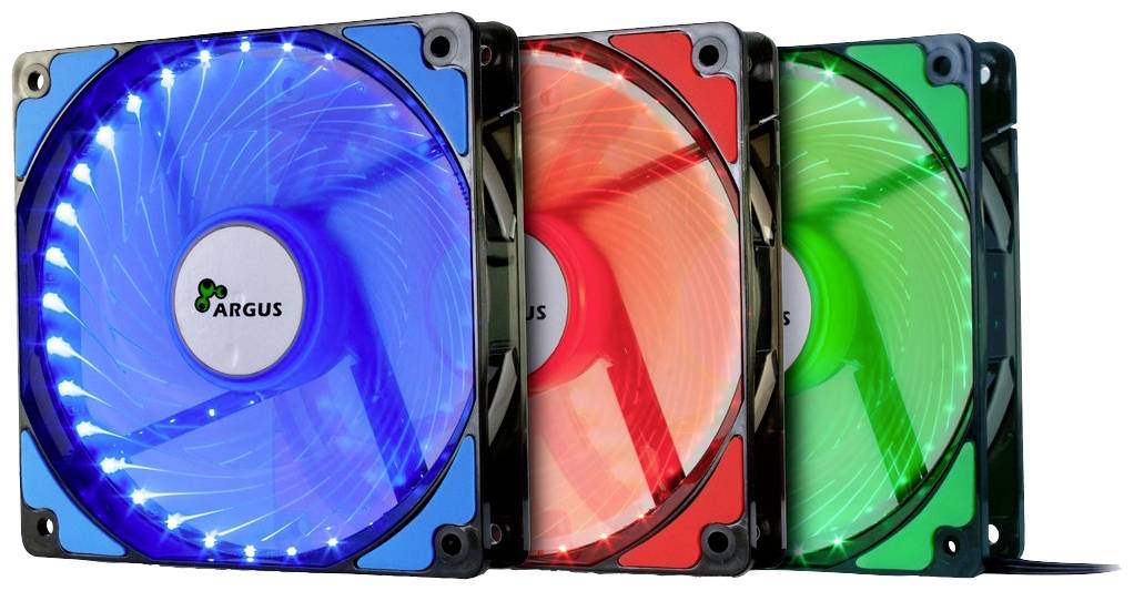 Trzy podświetlane wentylatory komputerowe w kolorach niebieskim, czerwonym i zielonym z logo 'ARGUS' pośrodku, ułożone w ukośnym rzędzie.