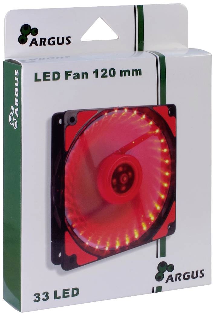 Opakowanie czerwonego wentylatora LED o średnicy 120 mm z 33 diodami LED, marki 'Argus'.