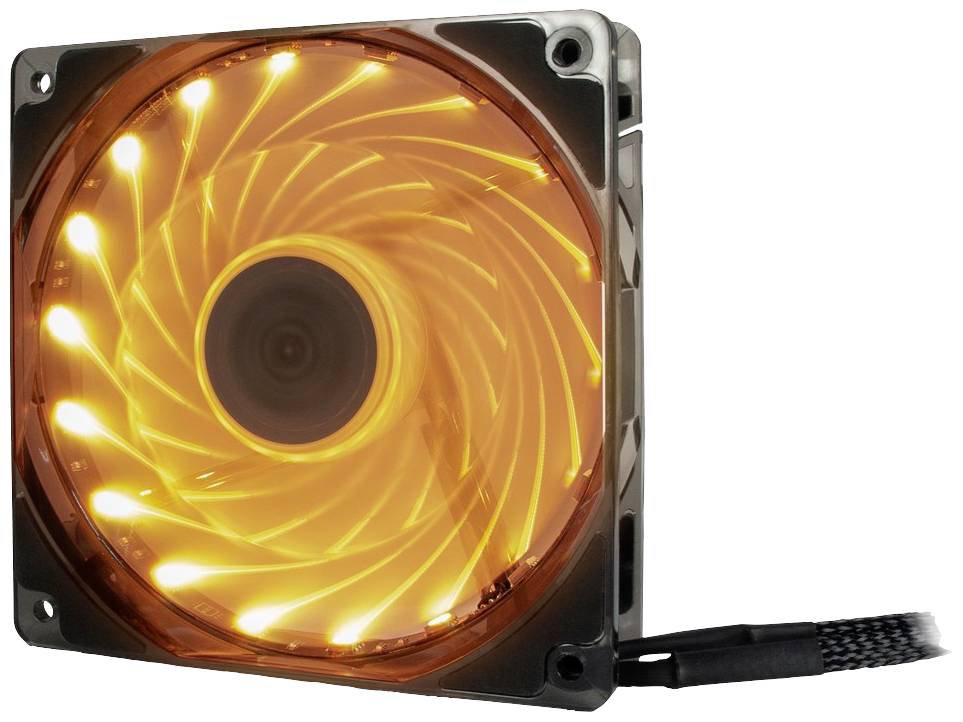 Wentylator komputerowy z świecącymi pomarańczowymi światłami LED wiruje. Czarny kabel widoczny po lewej stronie wentylatora.