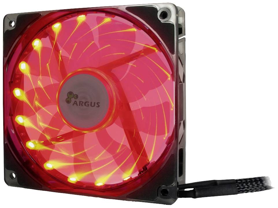 Czerwony wentylator komputerowy z ośmioma świecącymi diodami LED, które podczas pracy świecą na czerwono. Wentylator posiada logo 'Argus'.