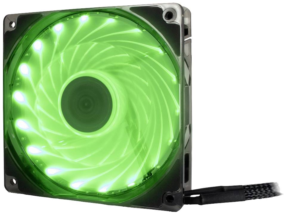 Podświetlony wentylator komputerowy z zielonym światłem LED świeci jasno. Obudowa wentylatora jest kwadratowa, a widoczny jest kabel przyłączeniowy.