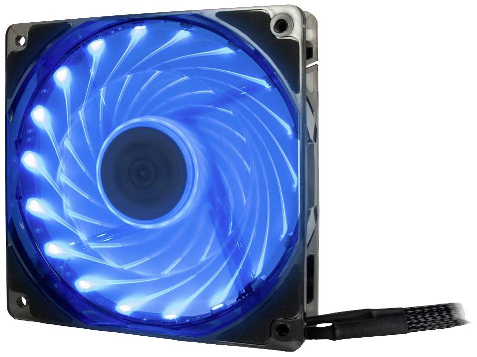 Kwadratowy wentylator komputerowy z niebieskimi diodami LED, które świecą w ciemności i są podłączone przewodem.