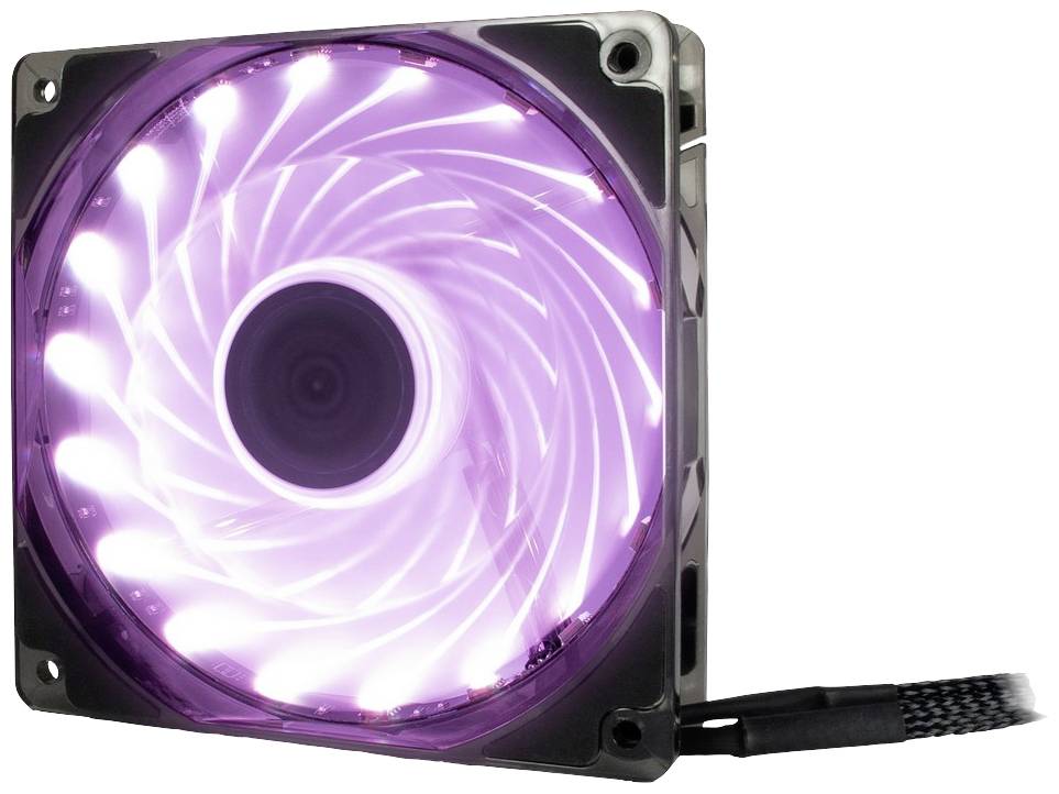 Chłodnica komputerowa z fioletowymi świecącymi diodami LED. Kwadratowy kształt, zarysowane skrzydła wentylatora. Przewód zasilający widoczny po prawej stronie.