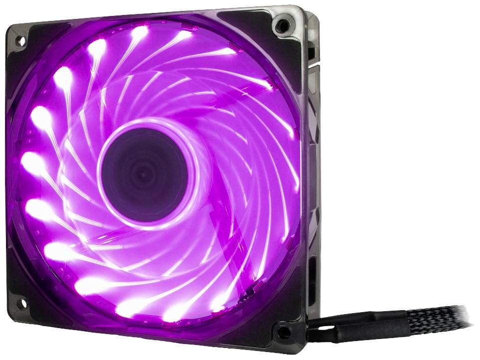 Wentylator komputerowy z fioletowym podświetleniem LED, obracający się podczas pracy, ukazujący spiralne wzory.