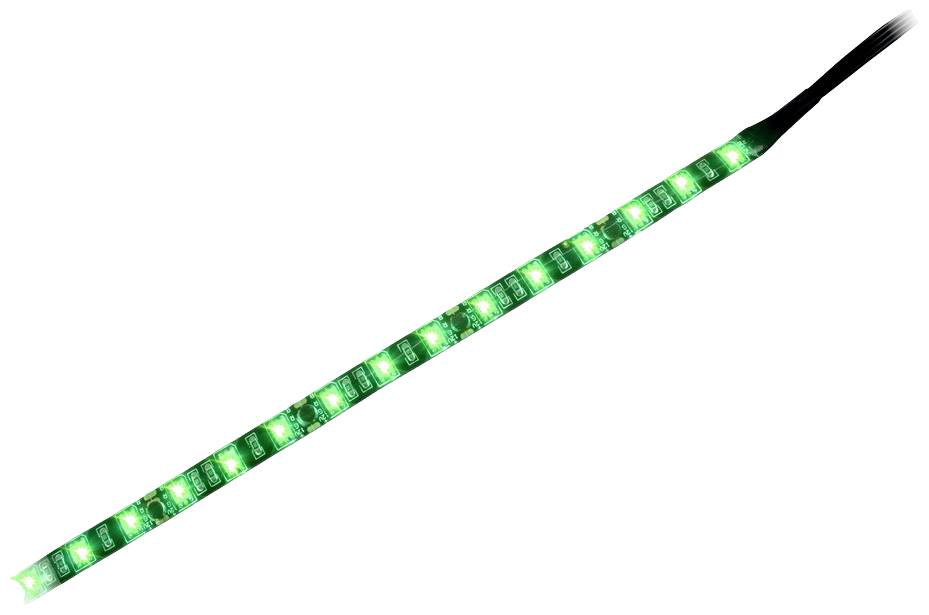 Zielone świetlne pasmo LED jest widoczne w ukośnym ułożeniu. Świeci równomiernie i bez widocznego tła.