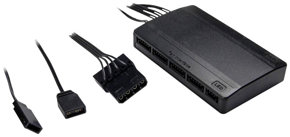 Czarny hub wentylatorowy z wieloma kablami przyłączeniowymi do podłączania komponentów komputerowych, z napisem 'Fan Interface' na górnej powierzchni.