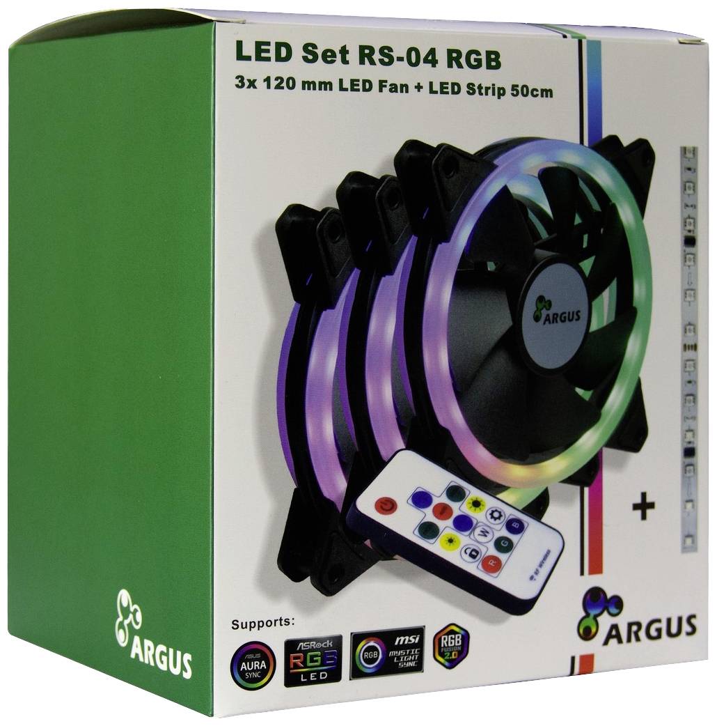 Pudełko z napisem 'LED Set RS-04 RGB' zawiera trzy 120-milimetrowe wentylatory LED oraz pasek LED. Na opakowaniu przedstawiono pilot zdalnego sterowania.