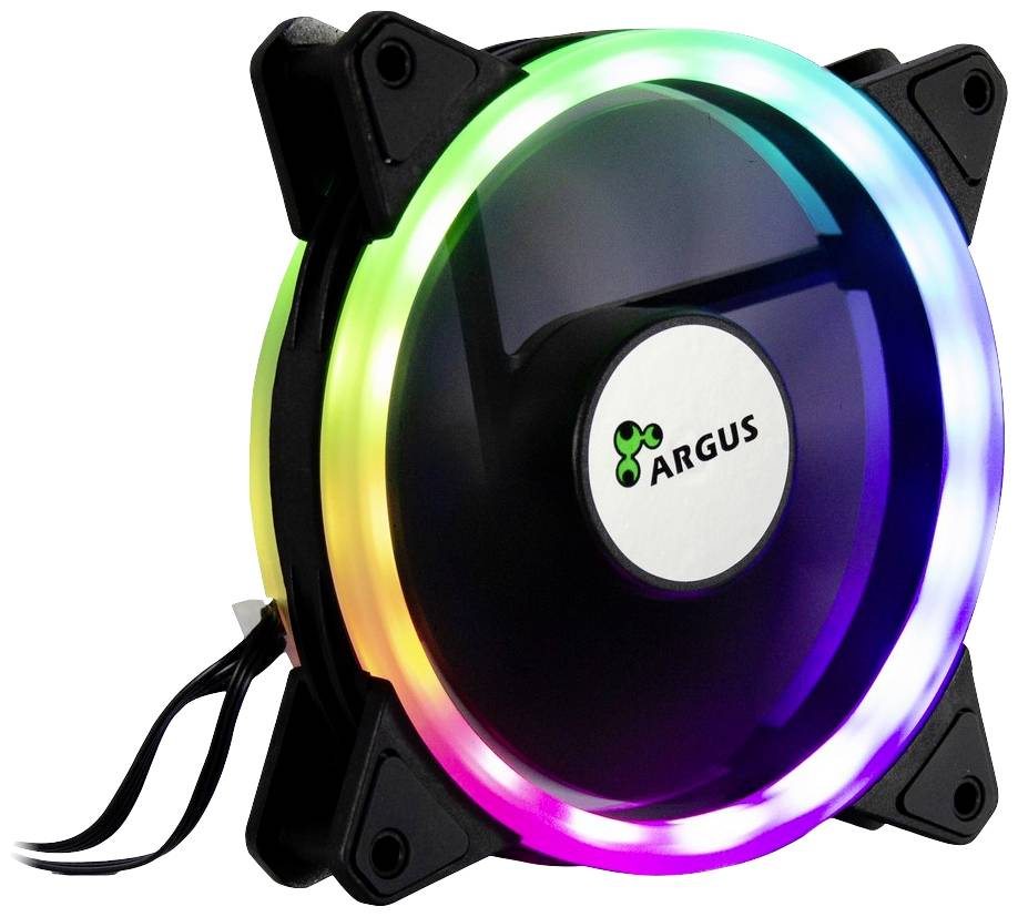 Wentylator komputerowy z świecącym pierścieniem LED w kolorach tęczy. W centrum znajduje się logo 'ARGUS'. Idealny do podświetlenia komputera.