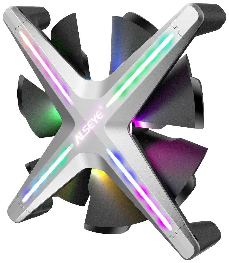 Wentylator komputerowy z obudową w kształcie litery X; kolorowe paski LED na ramionach. Nazwa marki 'ALSEYE'.