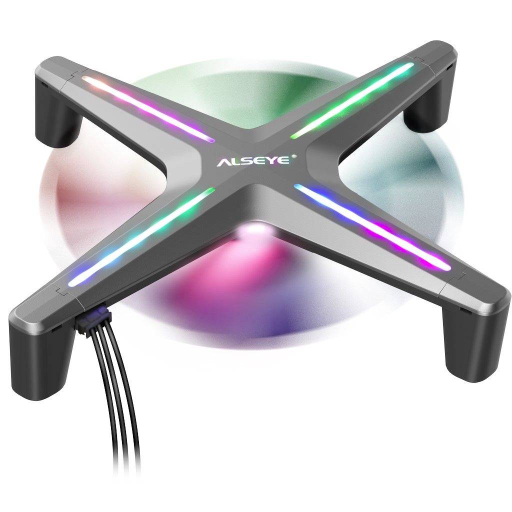 Chłodnica do gier w kształcie litery X z kolorowymi diodami LED i czterema kablami. Zaprojektowana do chłodzenia urządzeń elektronicznych.