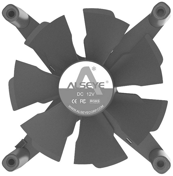 Czarny wentylator komputerowy z dziewięcioma łopatkami, prezentujący logo i specyfikacje 'ALSEYE, DC 12V' pośrodku.