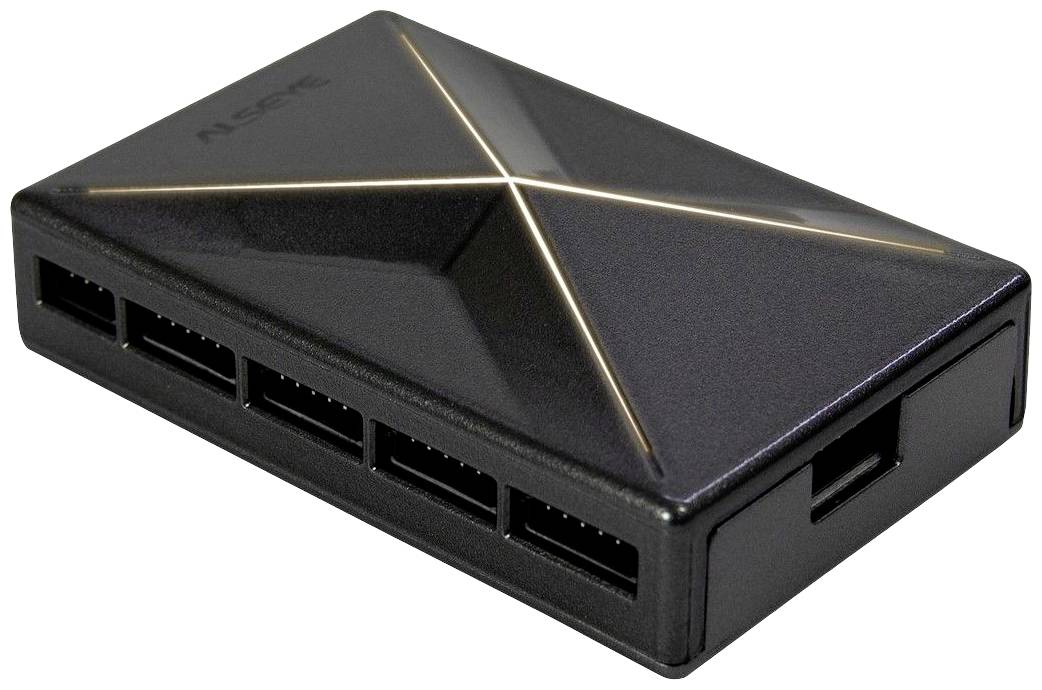 Czarny prostokątny rozdzielacz z wieloma złączami, prawdopodobnie do urządzeń elektronicznych lub zarządzania kablami.