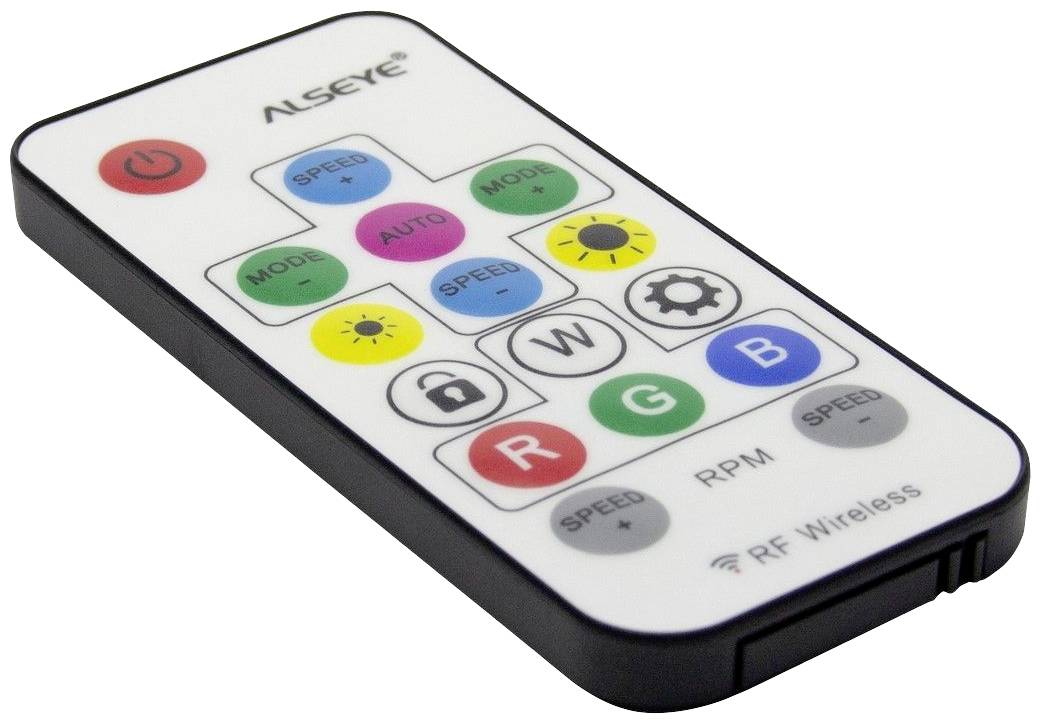Pilot zdalnego sterowania do oświetlenia LED z różnymi przyciskami do regulacji jasności, trybu koloru i ustawień prędkości.