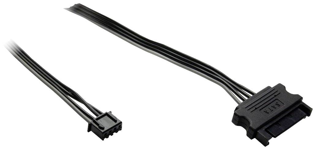 'Czarny kabel sieciowy SATA z dwoma złączami: mniejsza wtyczka i większa wtyczka SATA do zasilania dysku twardego.'