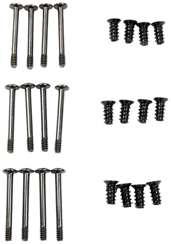 Obraz przedstawia trzy zestawy śrub. Każdy zestaw składa się z jednej długiej i jednej krótkiej śruby, ułożonych symetrycznie. Przeznaczone głównie do montażu mebli.