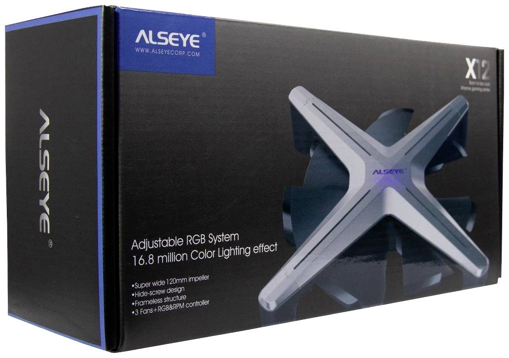 Obraz opakowania wentylatora ALSEYE RGB. Tekst na opakowaniu wskazuje na system regulacji z 16,8 milionami kolorów.