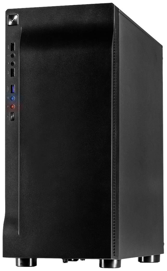 Czarny komputer stojący na płaskiej powierzchni, wyposażony w kilka portów USB i przycisków na przedniej ścianie.