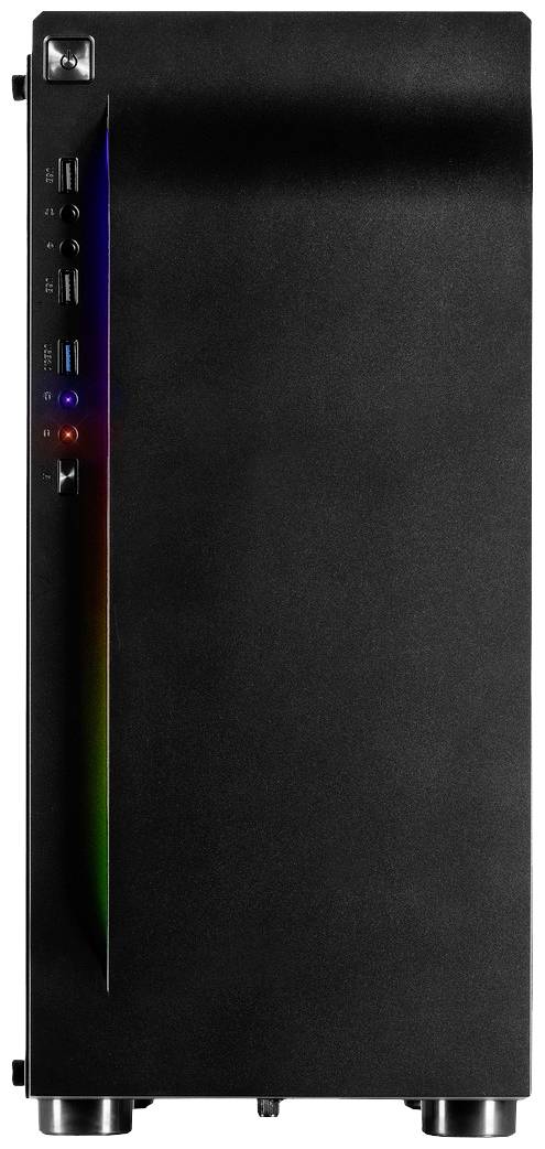 Czarna obudowa komputera z bocznymi złączami i dyskretnym podświetleniem RGB z przodu.