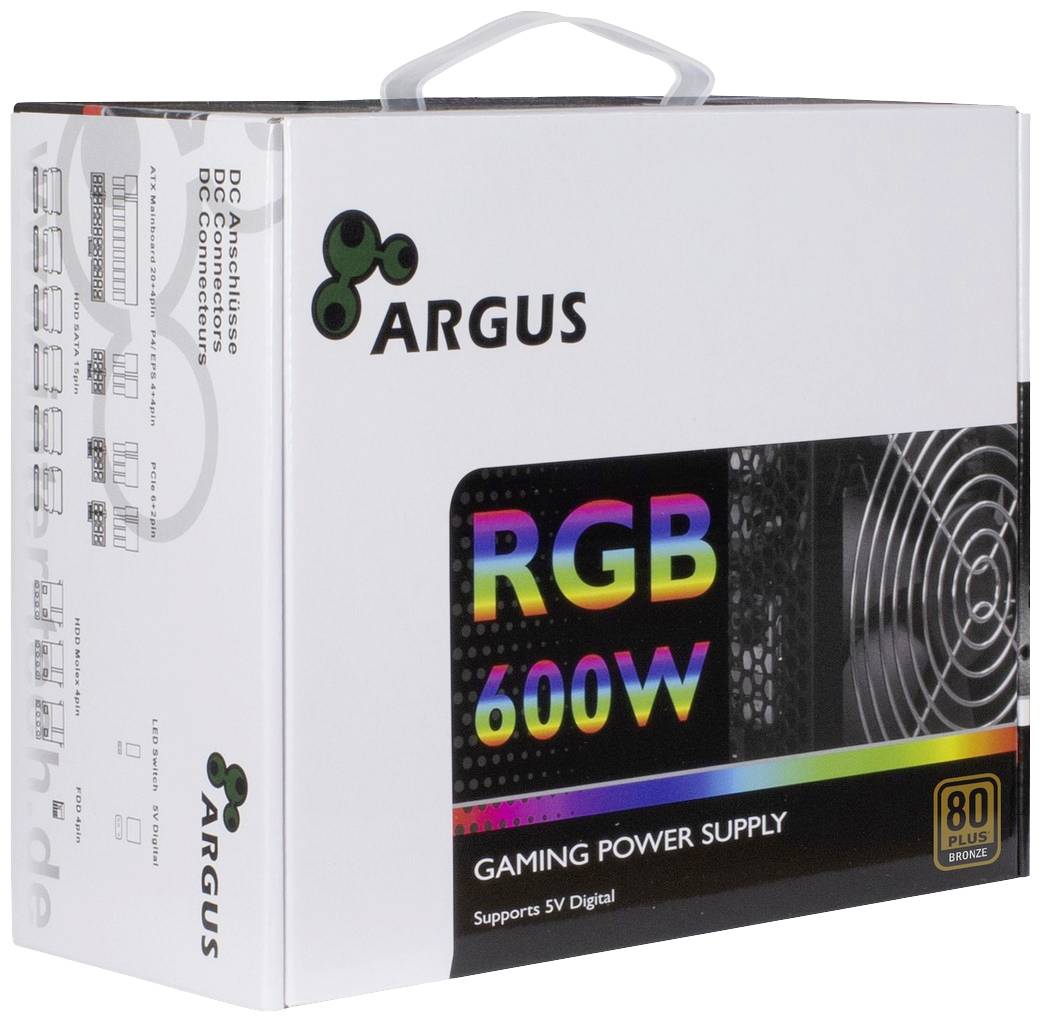 Pudełko zasilacza z napisem 'ARGUS RGB 600W Gaming Power Supply'. Zawiera wentylator RGB i obsługuje standard 5V Digital.