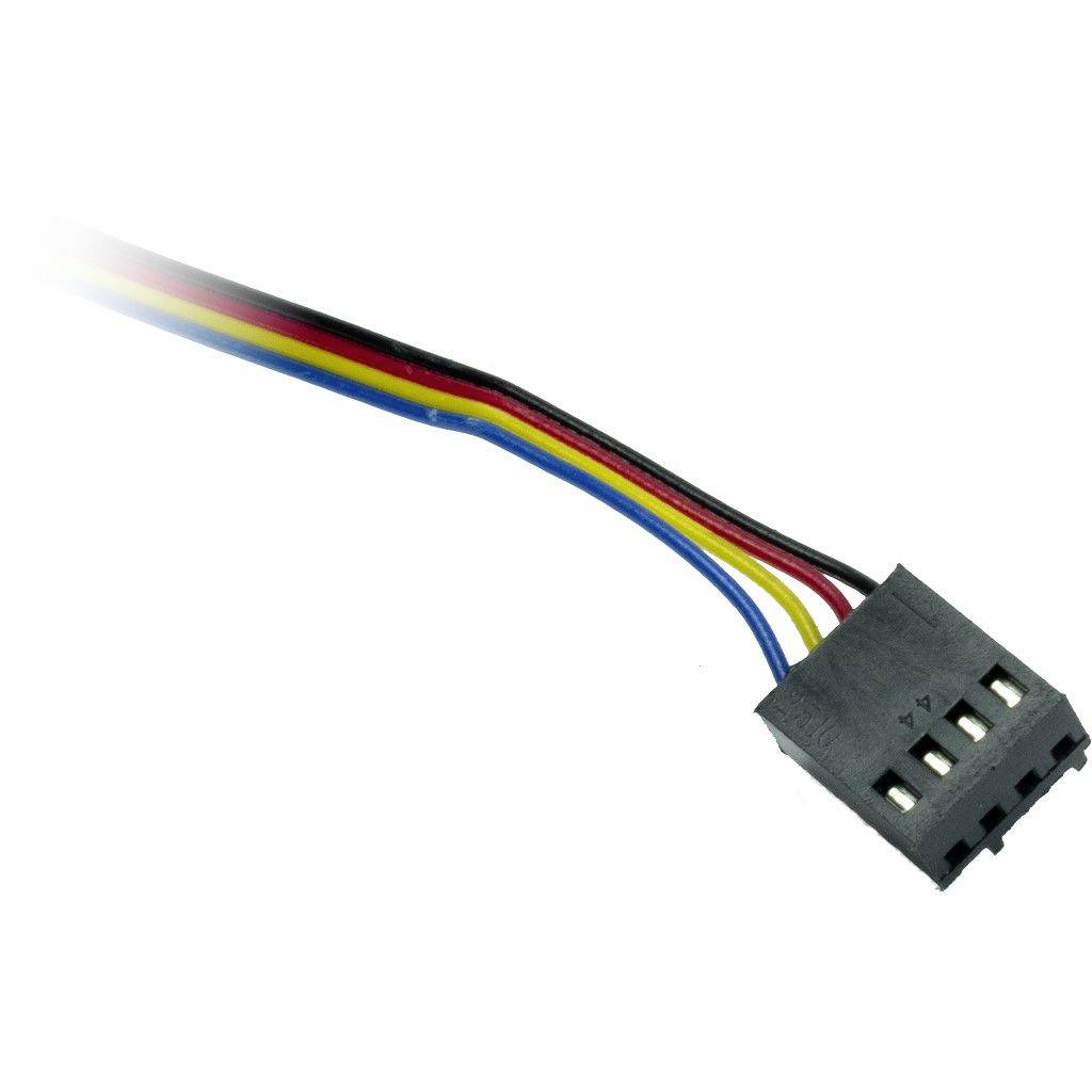 Kabel z czterema przewodami w kolorach (czerwony, żółty, niebieski, czarny) z wtyczką 4-biegunową, odpowiedni do podłączenia do urządzeń elektronicznych.