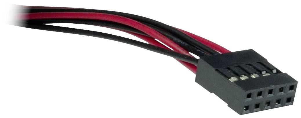 Czarny wtyk 6-pinowy z czerwonymi i czarnymi przewodami. Wtyk służy do połączenia elementów elektronicznych.