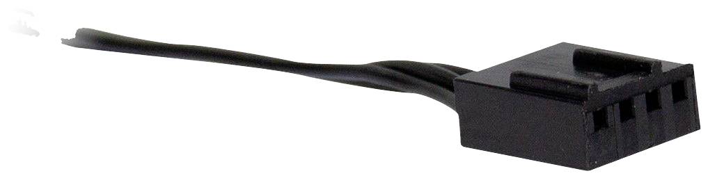 Czarny, czterobolcowy wtyk wentylatora komputerowego z przewodem, przedstawiony z boku. Służy do podłączenia wentylatora z płytą główną.