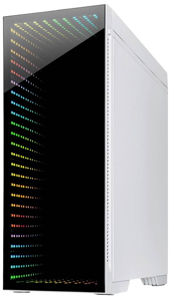 Białe obudowa komputera z błyszczącą przednią ścianką oraz kolorowymi światłami LED przypominającymi piksele.